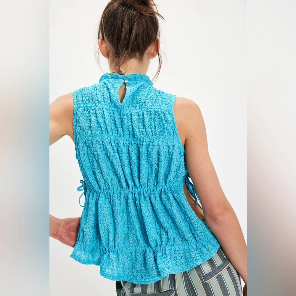 Free People Turquoise Textured Side-Tie Boho Cinch Me Top